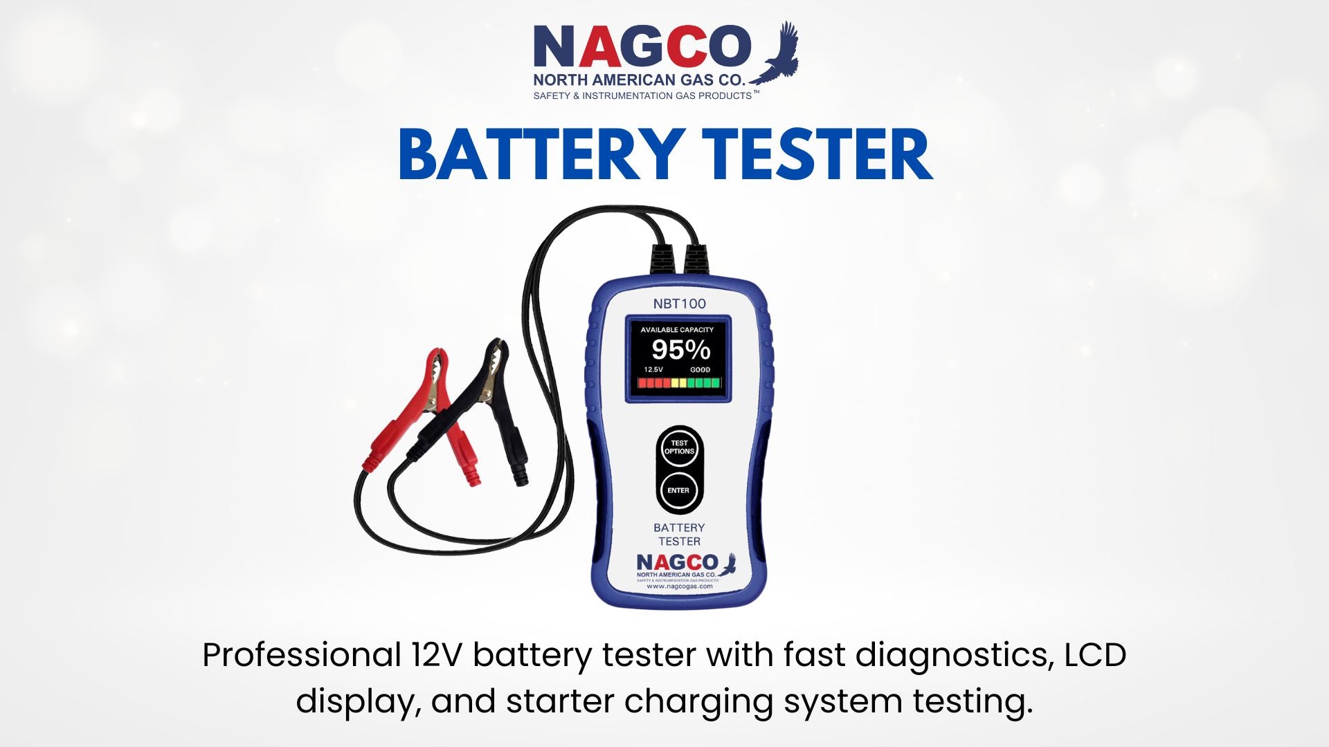Professional 12V battery tester with fast diagnostics, LCD display and starter charging system testing.