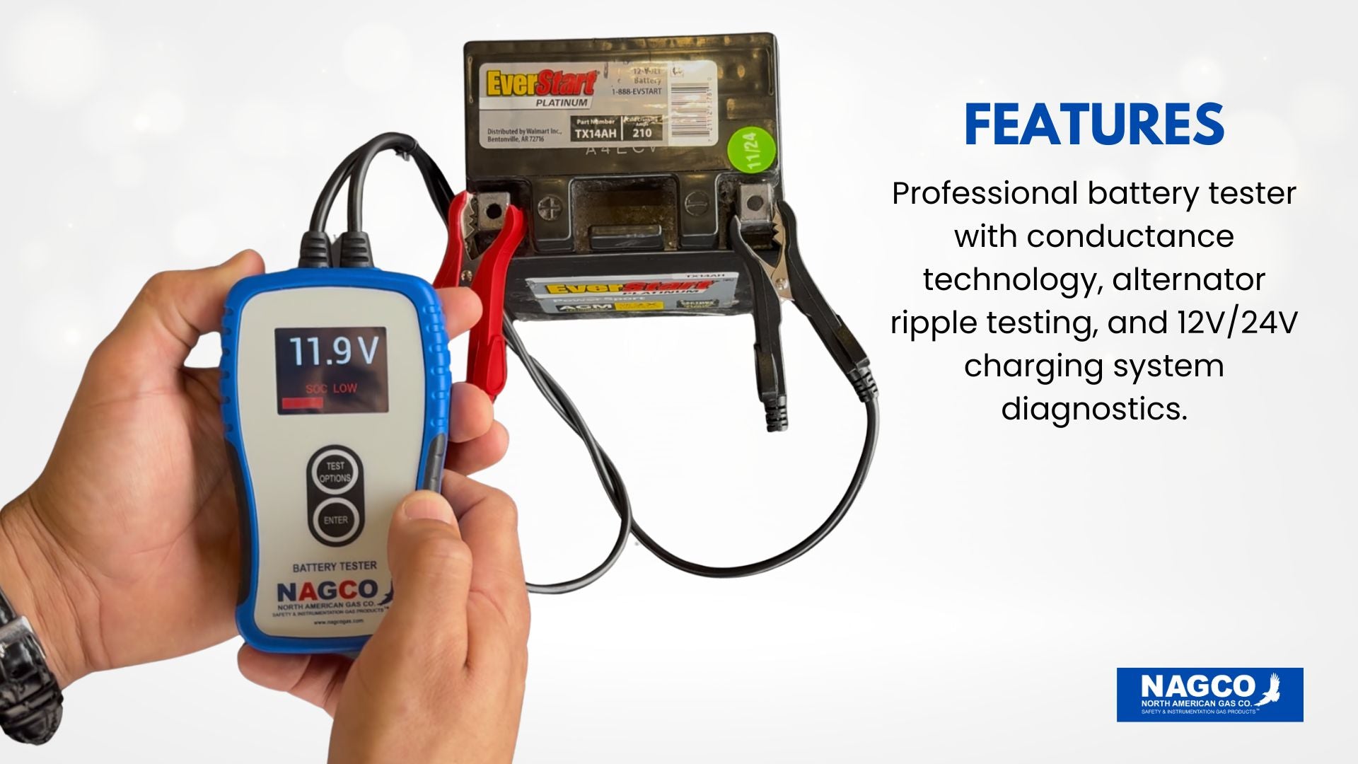 Professional battery tester with conductance technology, alternator ripple testing and 12V/24V charging system diagnostics.