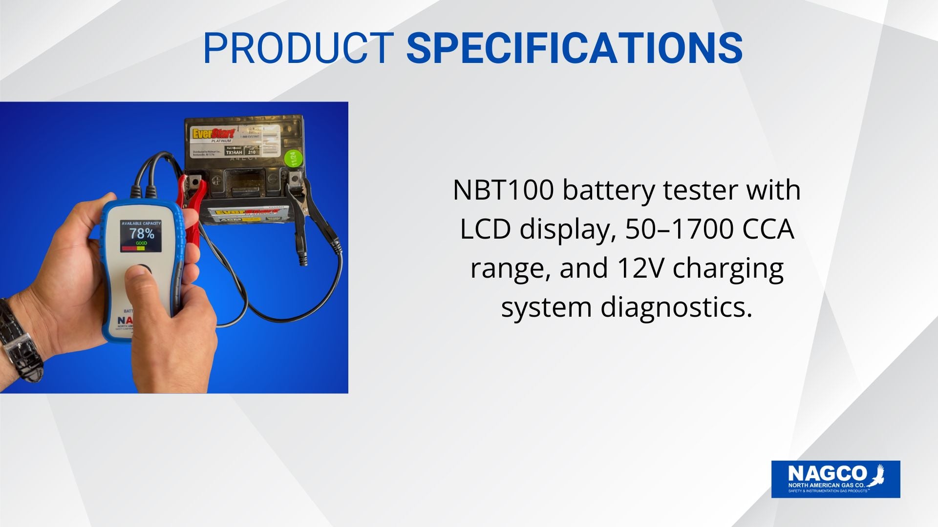 NBT100 battery tester with LCD display, 50-1700 CCA range and 12V charging system diagnostics