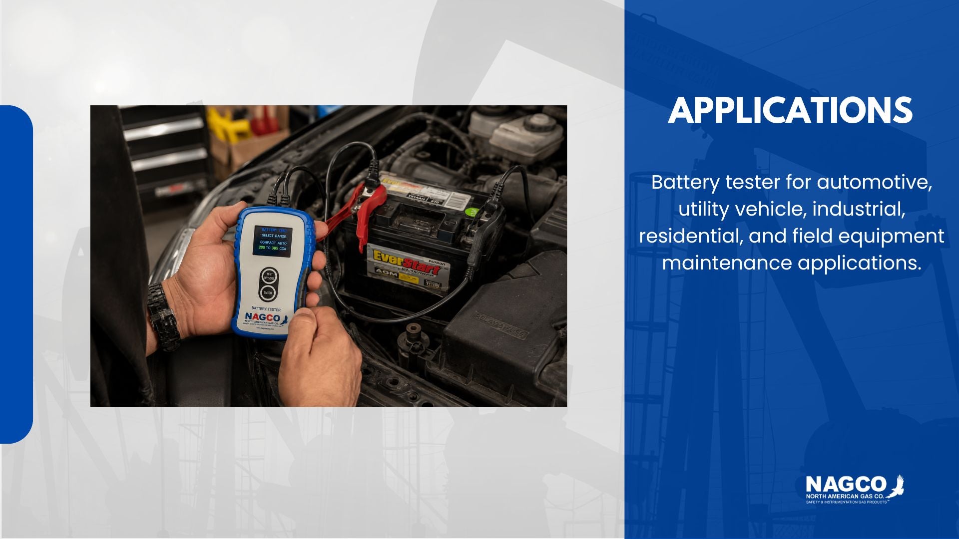Battery tester for automotive, utility vehicle, industrial, residential and field equipment maintenance applications.
