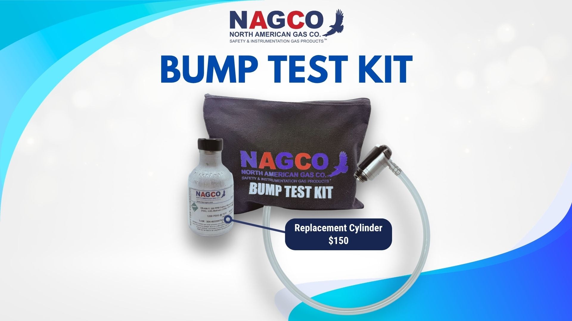 NAGCO Bump Test Kit with refillable cylinder, mini regulator, tubing and storage carry case.