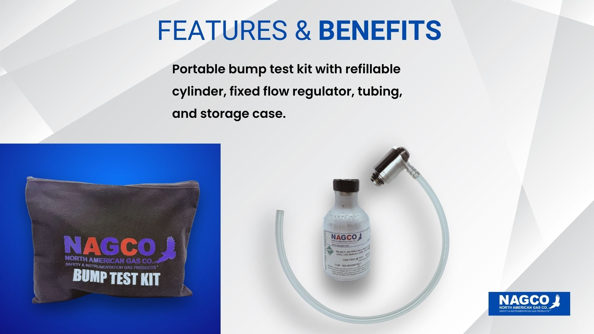 Portable bump test kit with reliable cylinder, fixed flow regulator, tubing and storage case.