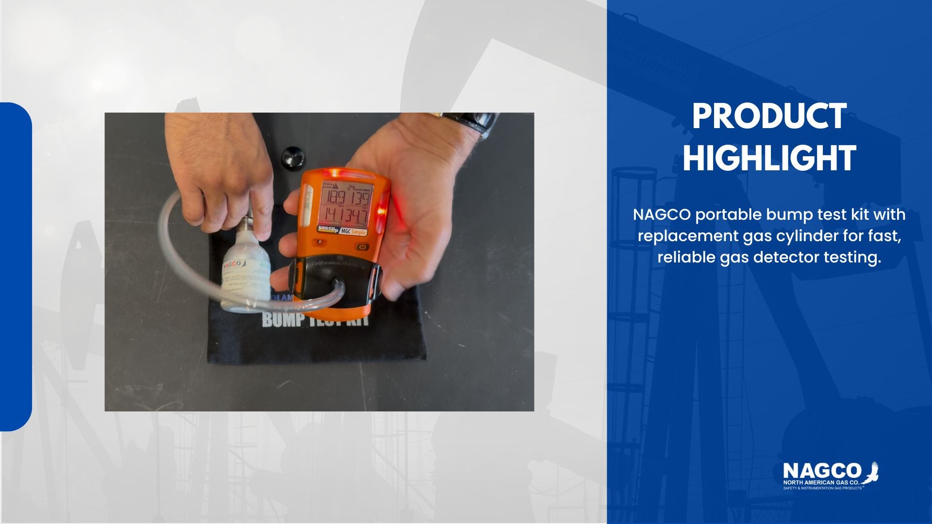 NAGCO portable bump test kit with replacement gas cylinder for fast, reliable gas detector testing.