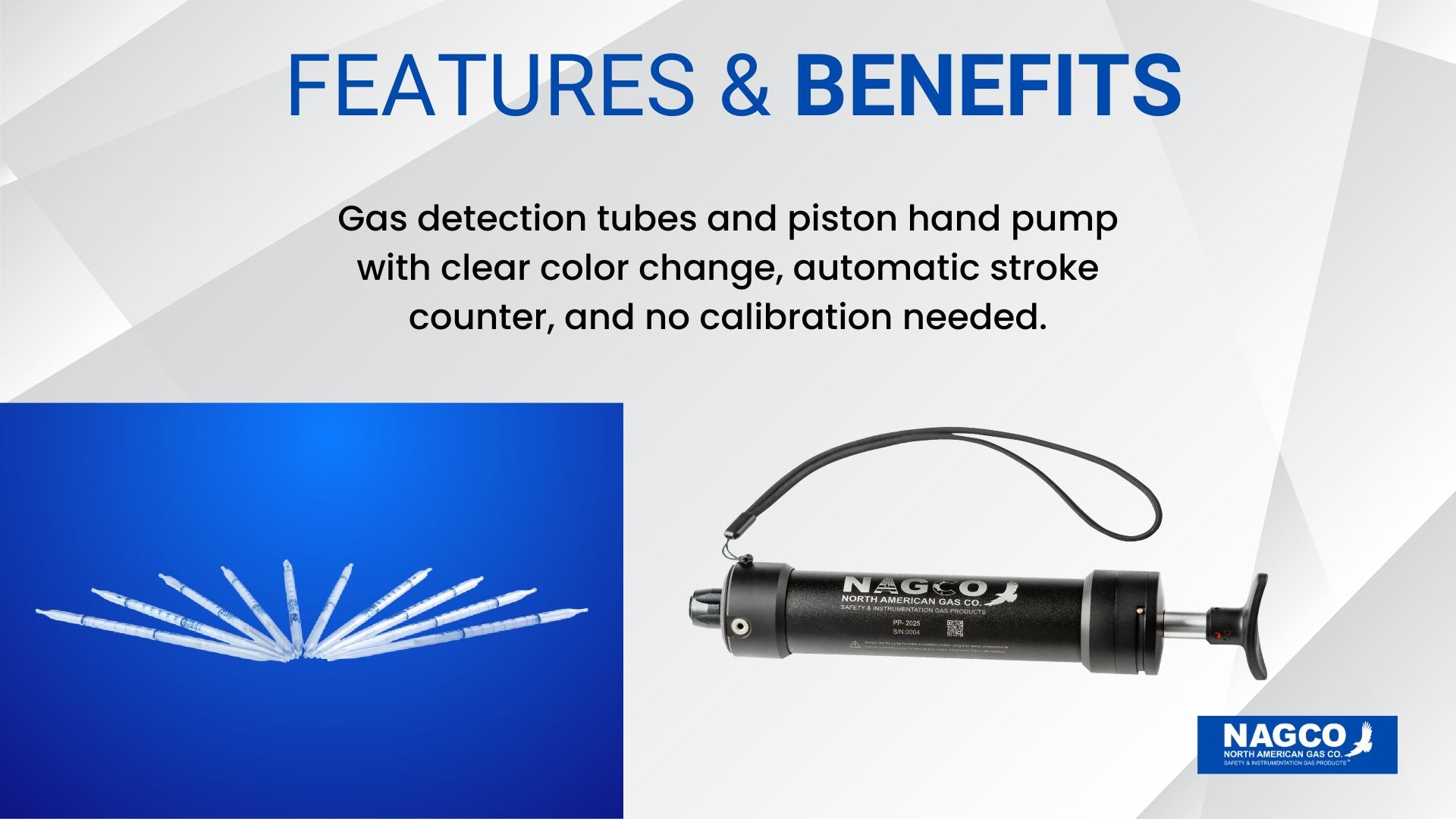Gas detection tube with piston hand pump with clear color-changing, automatic stroke counter and no calibration needed.
